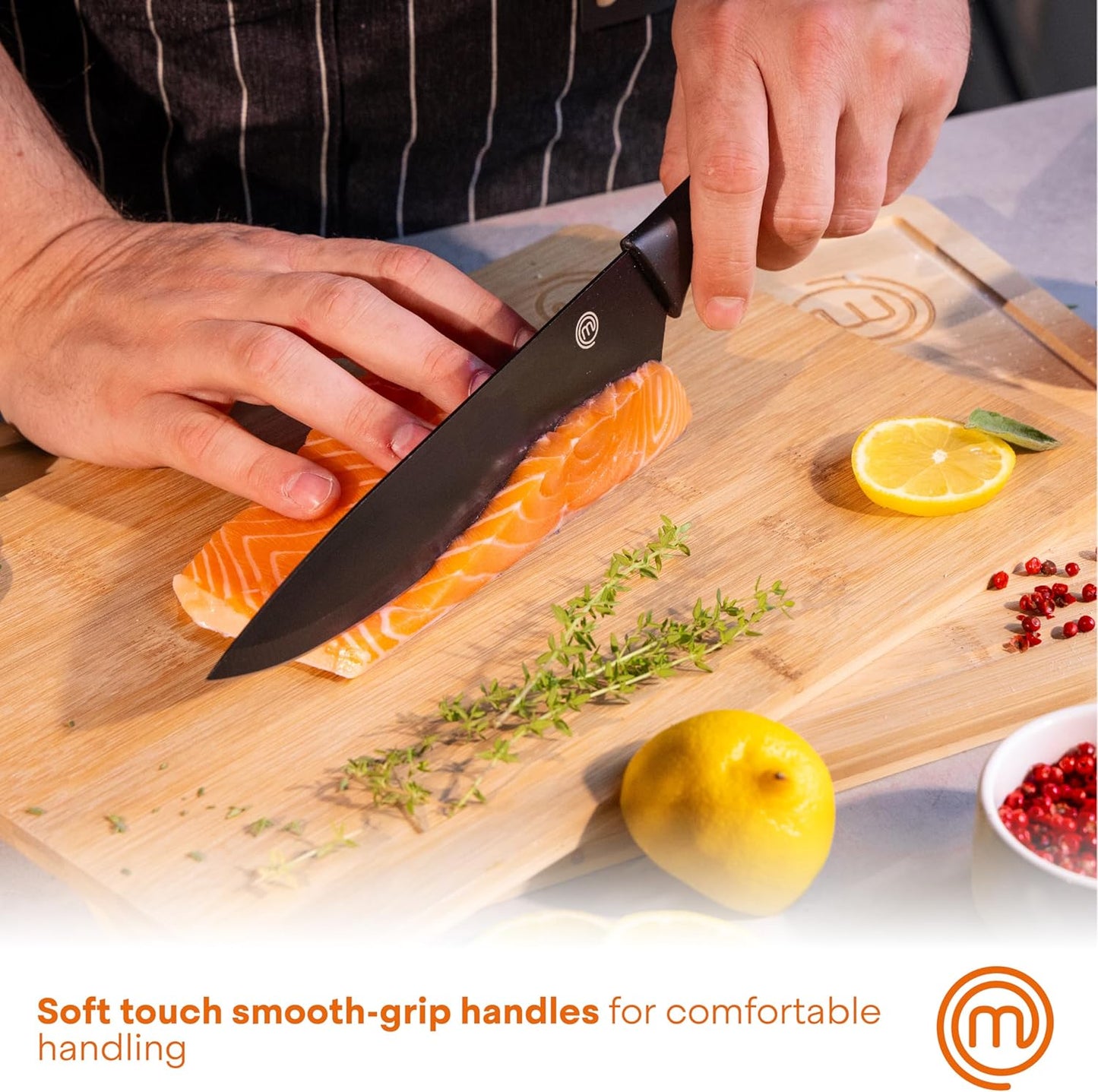 Knife Set with Block, 6 Kitchen Knives and a Universal Knife Holder, Extra Sharp Stainless Steel Blades for Precise Cutting with Non Stick Coating & Soft Touch Easy Grip Handles, Black