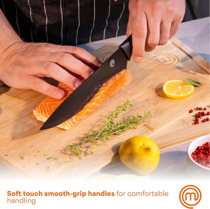 Knife Set with Block, 6 Kitchen Knives and a Universal Knife Holder, Extra Sharp Stainless Steel Blades for Precise Cutting with Non Stick Coating & Soft Touch Easy Grip Handles, Black
