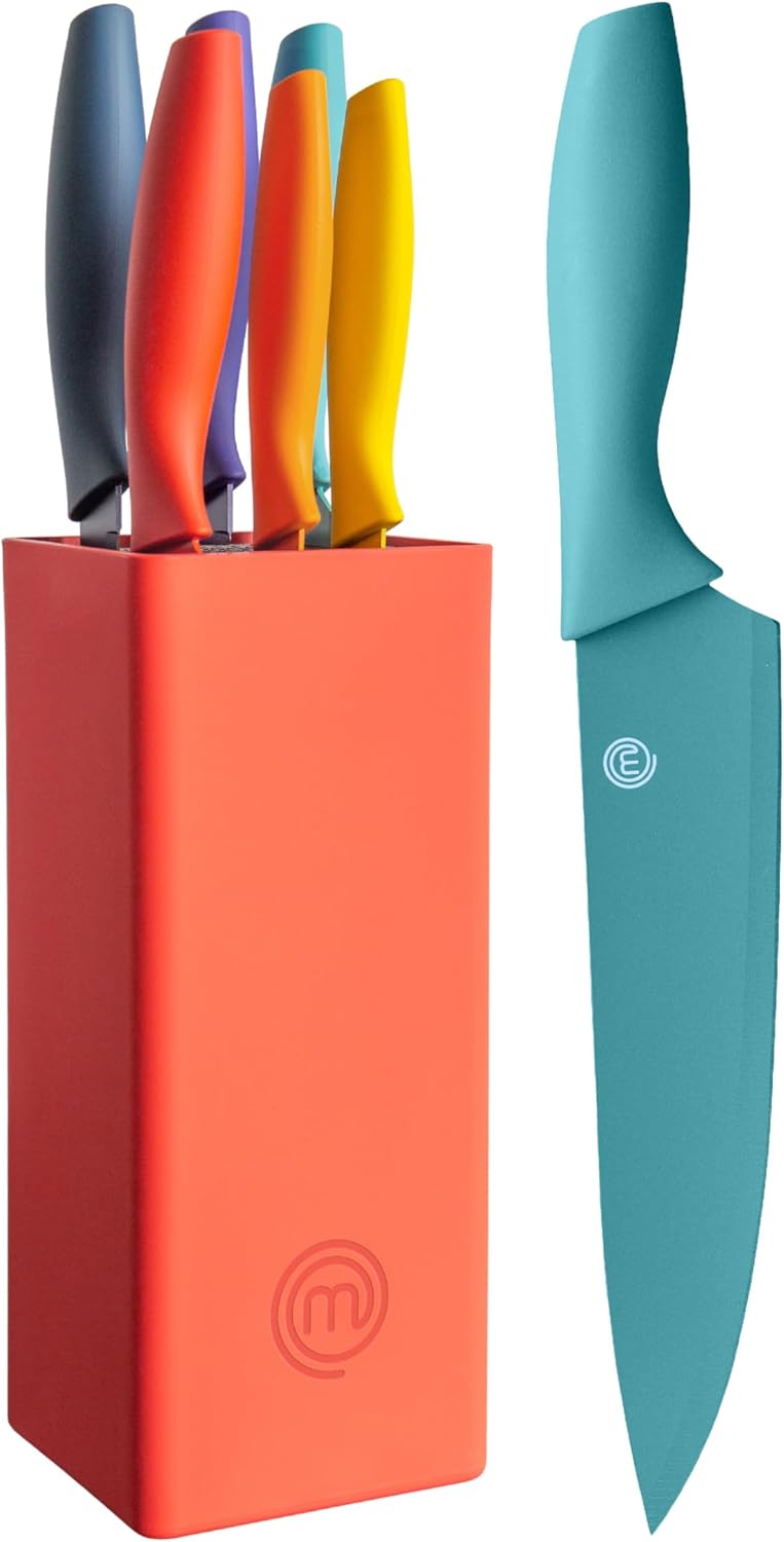 Knife Set with Block, 6 Kitchen Knives and a Universal Knife Holder, Extra Sharp Stainless Steel Blades for Precise Cutting with Non Stick Coating & Soft Touch Easy Grip Handles, Black