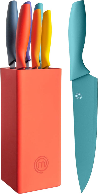 Knife Set with Block, 6 Kitchen Knives and a Universal Knife Holder, Extra Sharp Stainless Steel Blades for Precise Cutting with Non Stick Coating & Soft Touch Easy Grip Handles, Black