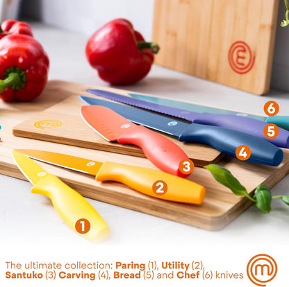 Knife Set with Block, 6 Kitchen Knives and a Universal Knife Holder, Extra Sharp Stainless Steel Blades for Precise Cutting with Non Stick Coating & Soft Touch Easy Grip Handles, Black