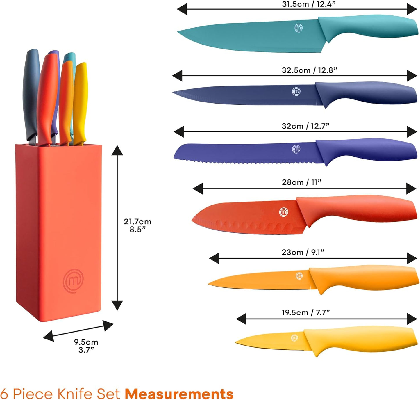 Knife Set with Block, 6 Kitchen Knives and a Universal Knife Holder, Extra Sharp Stainless Steel Blades for Precise Cutting with Non Stick Coating & Soft Touch Easy Grip Handles, Black