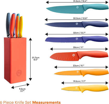 Knife Set with Block, 6 Kitchen Knives and a Universal Knife Holder, Extra Sharp Stainless Steel Blades for Precise Cutting with Non Stick Coating & Soft Touch Easy Grip Handles, Black