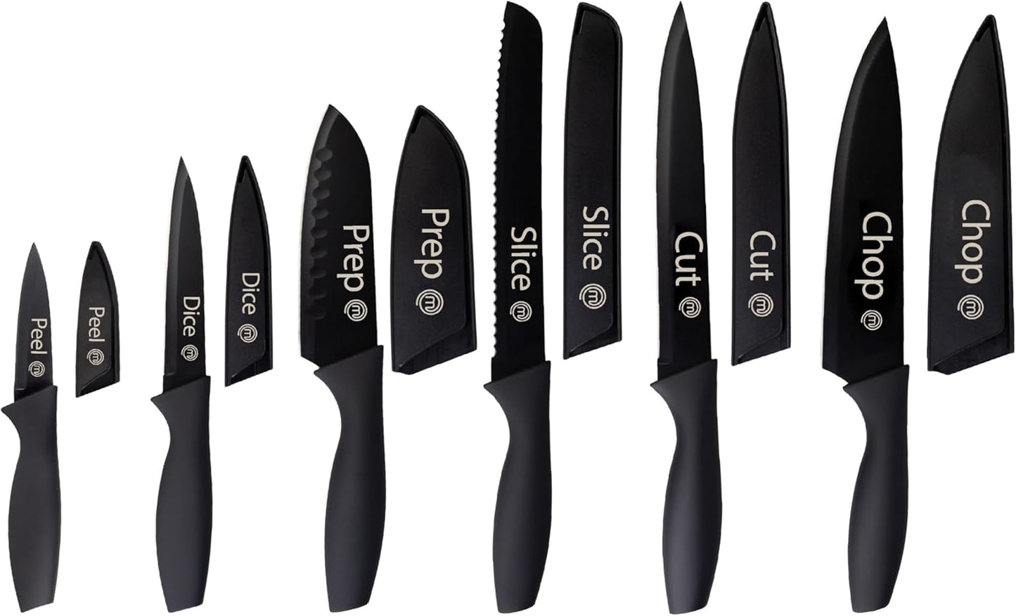 Knife Set with Block, 6 Kitchen Knives and a Universal Knife Holder, Extra Sharp Stainless Steel Blades for Precise Cutting with Non Stick Coating & Soft Touch Easy Grip Handles, Black