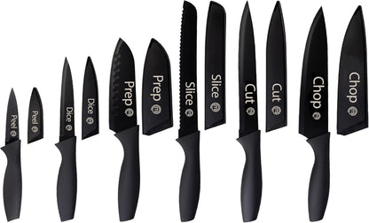 Knife Set with Block, 6 Kitchen Knives and a Universal Knife Holder, Extra Sharp Stainless Steel Blades for Precise Cutting with Non Stick Coating & Soft Touch Easy Grip Handles, Black
