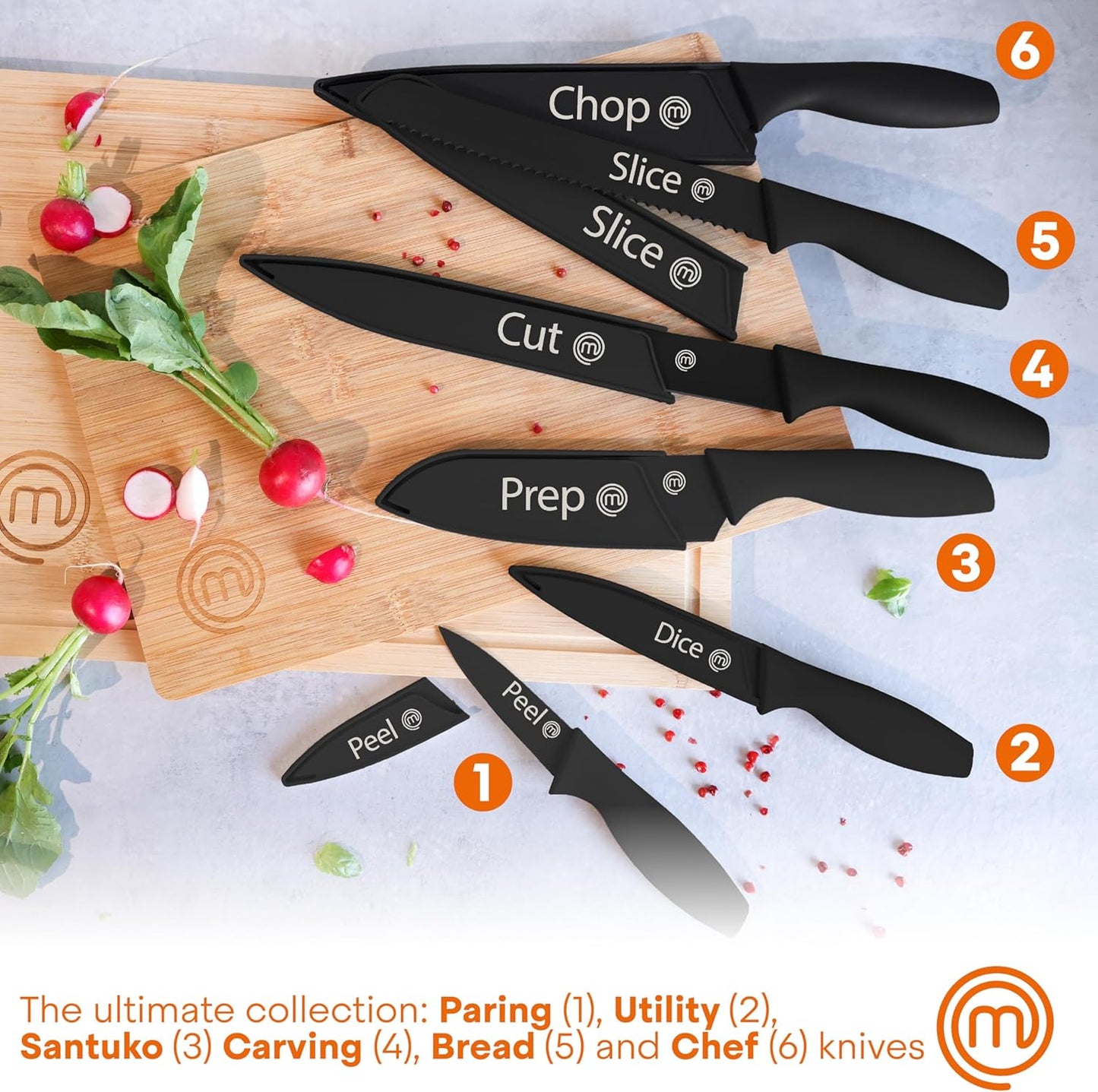 Knife Set with Block, 6 Kitchen Knives and a Universal Knife Holder, Extra Sharp Stainless Steel Blades for Precise Cutting with Non Stick Coating & Soft Touch Easy Grip Handles, Black