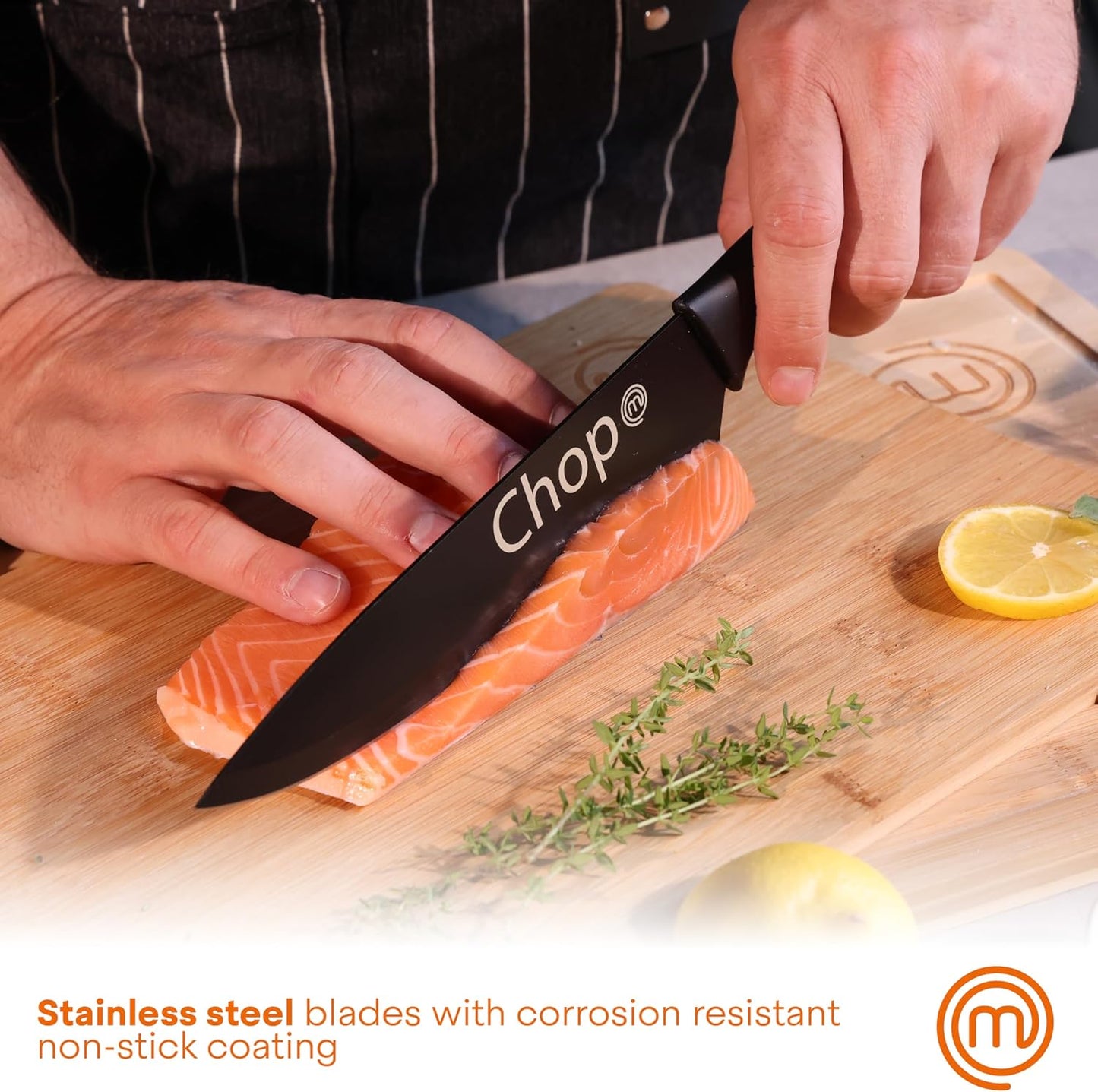 Knife Set with Block, 6 Kitchen Knives and a Universal Knife Holder, Extra Sharp Stainless Steel Blades for Precise Cutting with Non Stick Coating & Soft Touch Easy Grip Handles, Black