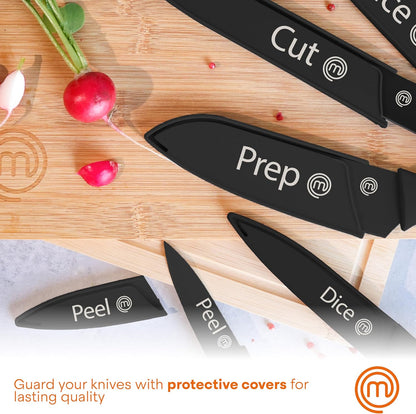 Knife Set with Block, 6 Kitchen Knives and a Universal Knife Holder, Extra Sharp Stainless Steel Blades for Precise Cutting with Non Stick Coating & Soft Touch Easy Grip Handles, Black
