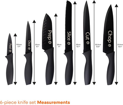Knife Set with Block, 6 Kitchen Knives and a Universal Knife Holder, Extra Sharp Stainless Steel Blades for Precise Cutting with Non Stick Coating & Soft Touch Easy Grip Handles, Black