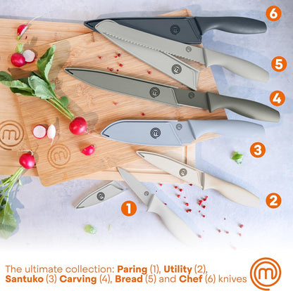 Knife Set with Block, 6 Kitchen Knives and a Universal Knife Holder, Extra Sharp Stainless Steel Blades for Precise Cutting with Non Stick Coating & Soft Touch Easy Grip Handles, Black