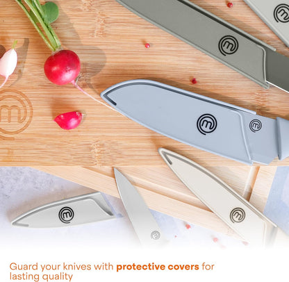Knife Set with Block, 6 Kitchen Knives and a Universal Knife Holder, Extra Sharp Stainless Steel Blades for Precise Cutting with Non Stick Coating & Soft Touch Easy Grip Handles, Black