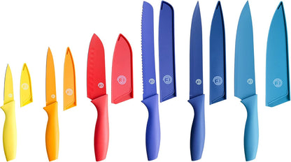 Knife Set with Block, 6 Kitchen Knives and a Universal Knife Holder, Extra Sharp Stainless Steel Blades for Precise Cutting with Non Stick Coating & Soft Touch Easy Grip Handles, Black