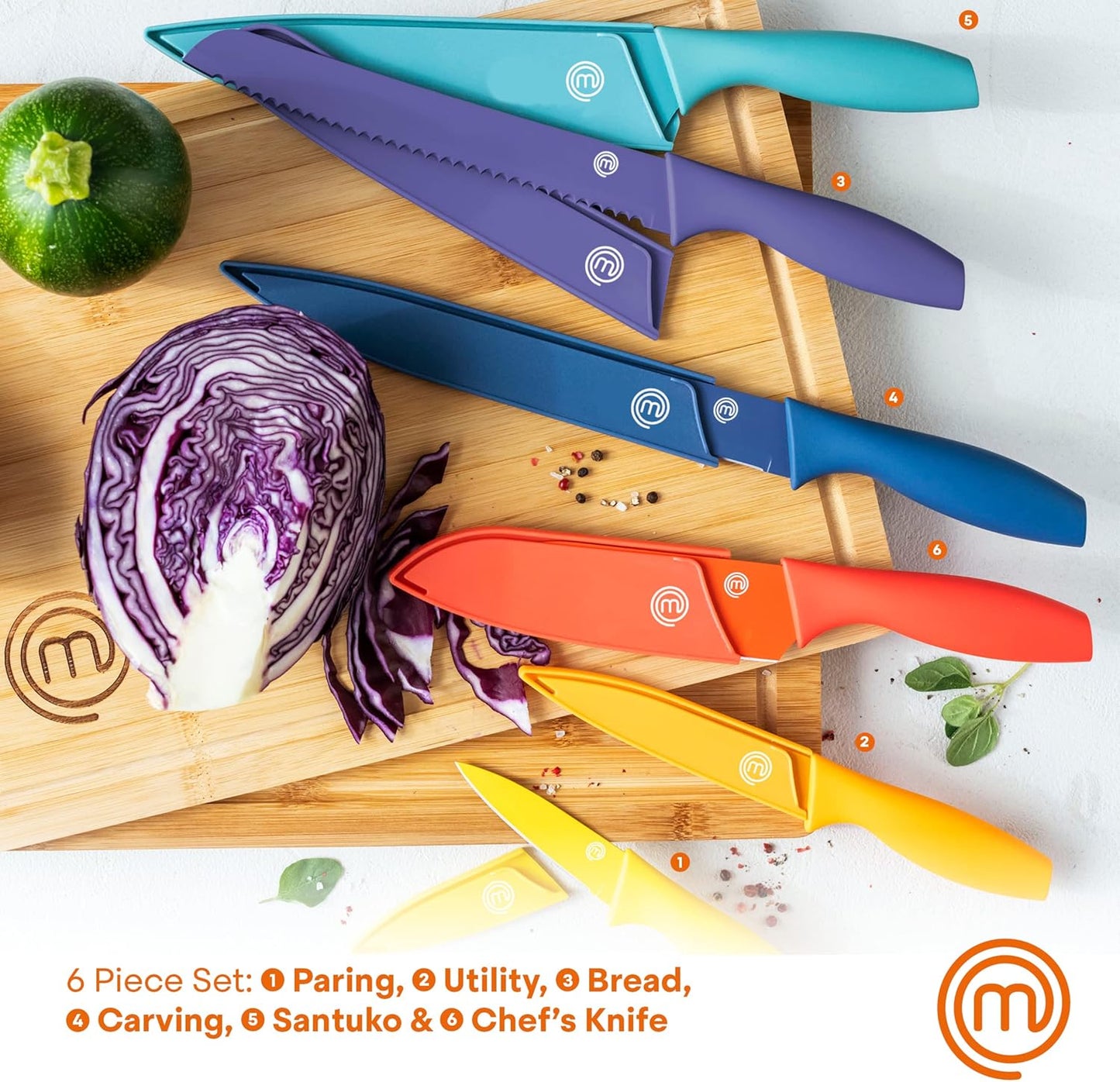 Knife Set with Block, 6 Kitchen Knives and a Universal Knife Holder, Extra Sharp Stainless Steel Blades for Precise Cutting with Non Stick Coating & Soft Touch Easy Grip Handles, Black
