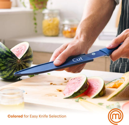 Knife Set with Block, 6 Kitchen Knives and a Universal Knife Holder, Extra Sharp Stainless Steel Blades for Precise Cutting with Non Stick Coating & Soft Touch Easy Grip Handles, Black