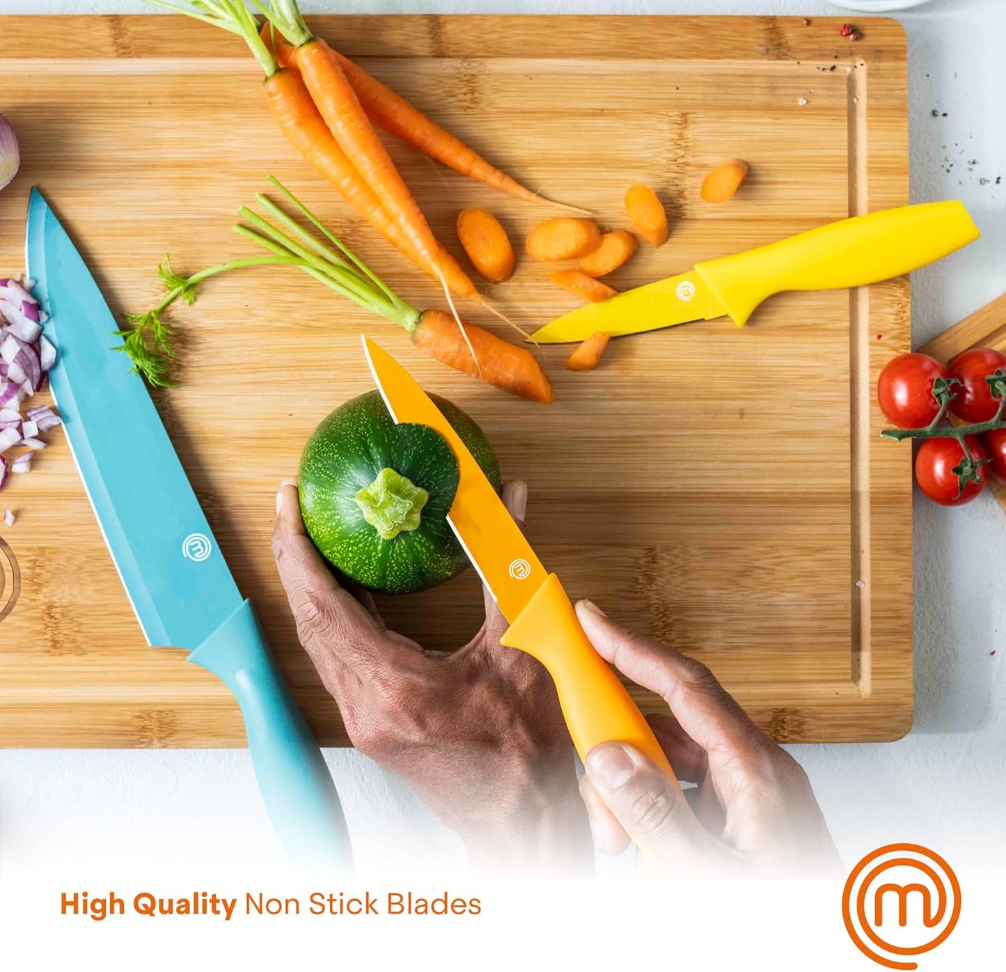 Knife Set with Block, 6 Kitchen Knives and a Universal Knife Holder, Extra Sharp Stainless Steel Blades for Precise Cutting with Non Stick Coating & Soft Touch Easy Grip Handles, Black