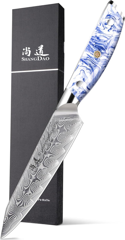 5 Inch Kitchen Utility Knife Razor Sharp Fruit and Vegetable Peeling Knives, Forged Damascus Steel with Blue and White Resin Handle - Full Tang - HUA Series