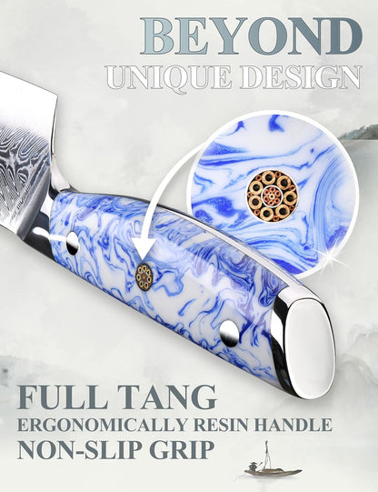 5 Inch Kitchen Utility Knife Razor Sharp Fruit and Vegetable Peeling Knives, Forged Damascus Steel with Blue and White Resin Handle - Full Tang - HUA Series