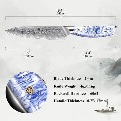 5 Inch Kitchen Utility Knife Razor Sharp Fruit and Vegetable Peeling Knives, Forged Damascus Steel with Blue and White Resin Handle - Full Tang - HUA Series