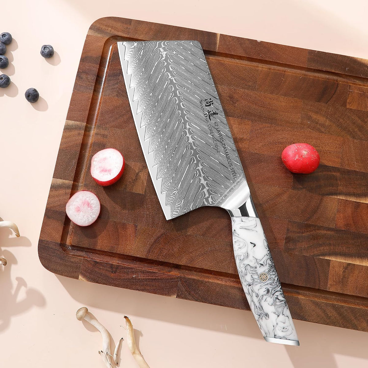 5 Inch Kitchen Utility Knife Razor Sharp Fruit and Vegetable Peeling Knives, Forged Damascus Steel with Blue and White Resin Handle - Full Tang - HUA Series