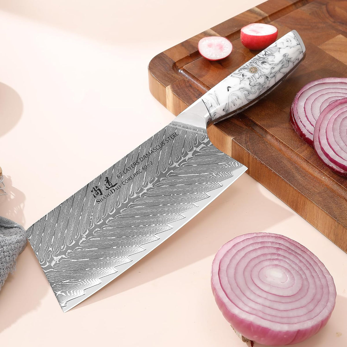 5 Inch Kitchen Utility Knife Razor Sharp Fruit and Vegetable Peeling Knives, Forged Damascus Steel with Blue and White Resin Handle - Full Tang - HUA Series