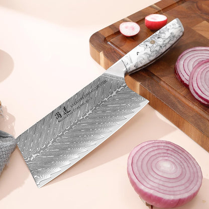 5 Inch Kitchen Utility Knife Razor Sharp Fruit and Vegetable Peeling Knives, Forged Damascus Steel with Blue and White Resin Handle - Full Tang - HUA Series