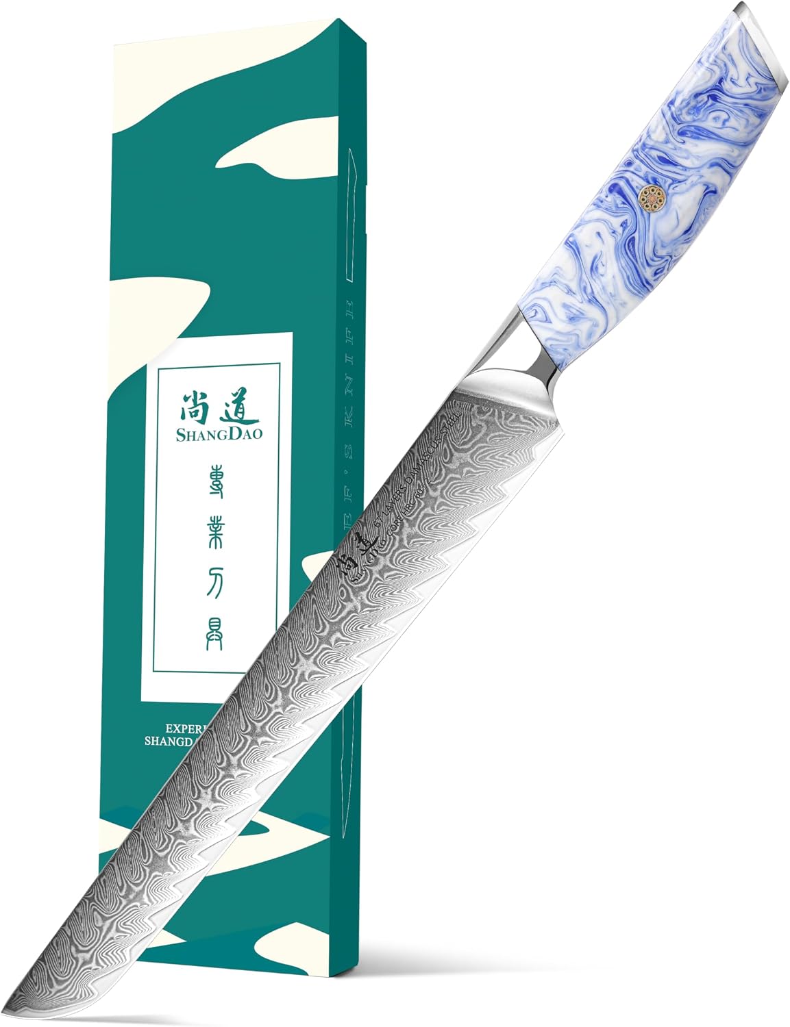 5 Inch Kitchen Utility Knife Razor Sharp Fruit and Vegetable Peeling Knives, Forged Damascus Steel with Blue and White Resin Handle - Full Tang - HUA Series