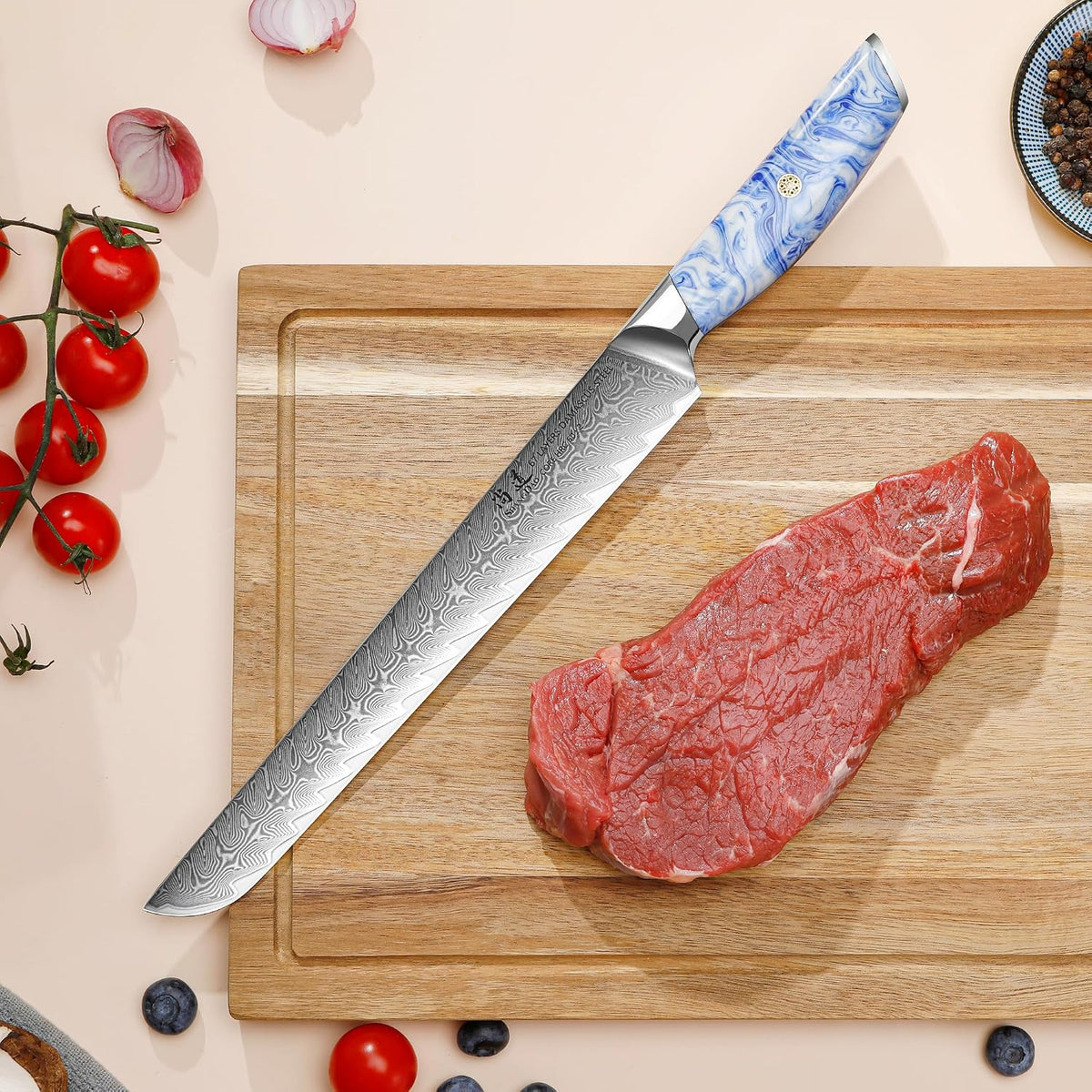 5 Inch Kitchen Utility Knife Razor Sharp Fruit and Vegetable Peeling Knives, Forged Damascus Steel with Blue and White Resin Handle - Full Tang - HUA Series