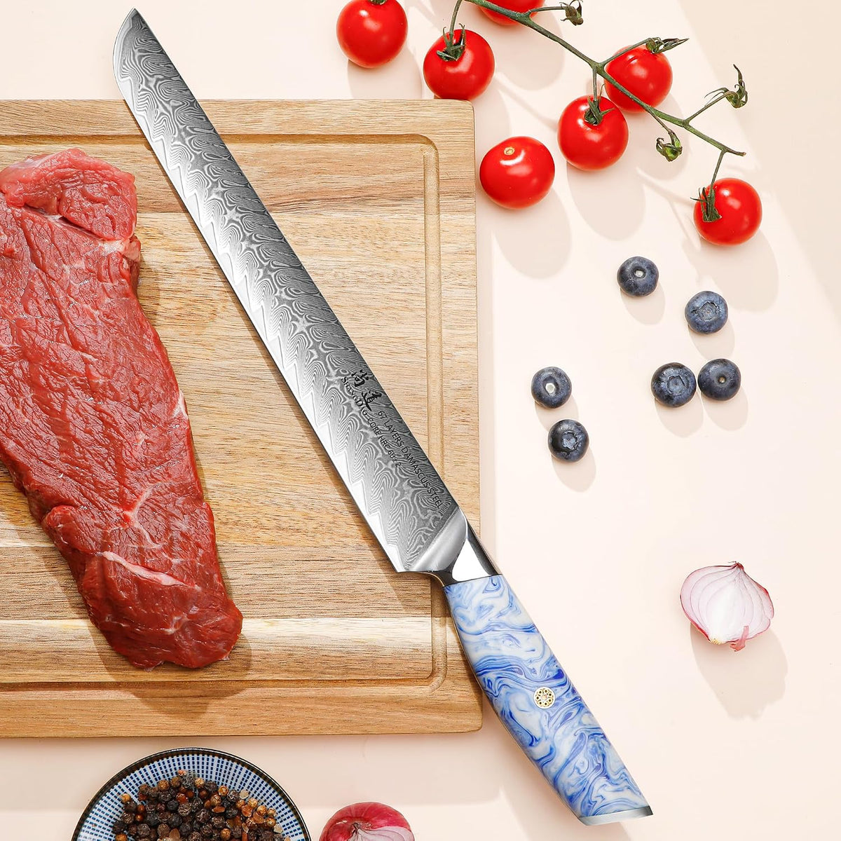 5 Inch Kitchen Utility Knife Razor Sharp Fruit and Vegetable Peeling Knives, Forged Damascus Steel with Blue and White Resin Handle - Full Tang - HUA Series