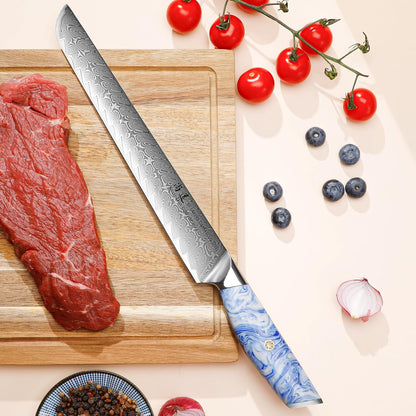 5 Inch Kitchen Utility Knife Razor Sharp Fruit and Vegetable Peeling Knives, Forged Damascus Steel with Blue and White Resin Handle - Full Tang - HUA Series