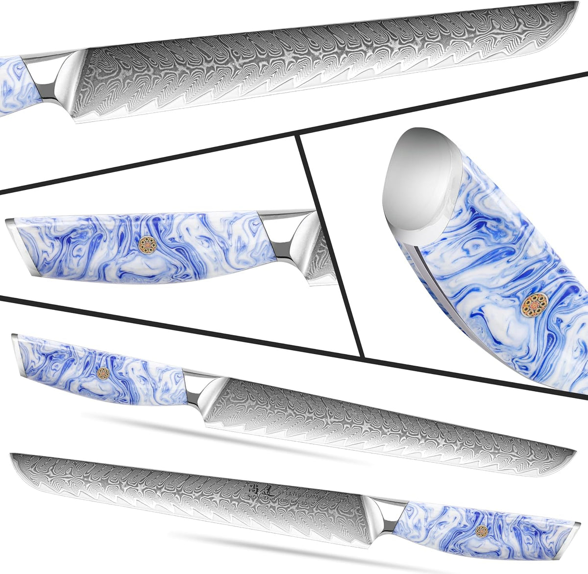 5 Inch Kitchen Utility Knife Razor Sharp Fruit and Vegetable Peeling Knives, Forged Damascus Steel with Blue and White Resin Handle - Full Tang - HUA Series