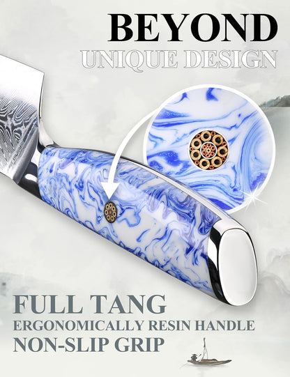 5 Inch Kitchen Utility Knife Razor Sharp Fruit and Vegetable Peeling Knives, Forged Damascus Steel with Blue and White Resin Handle - Full Tang - HUA Series