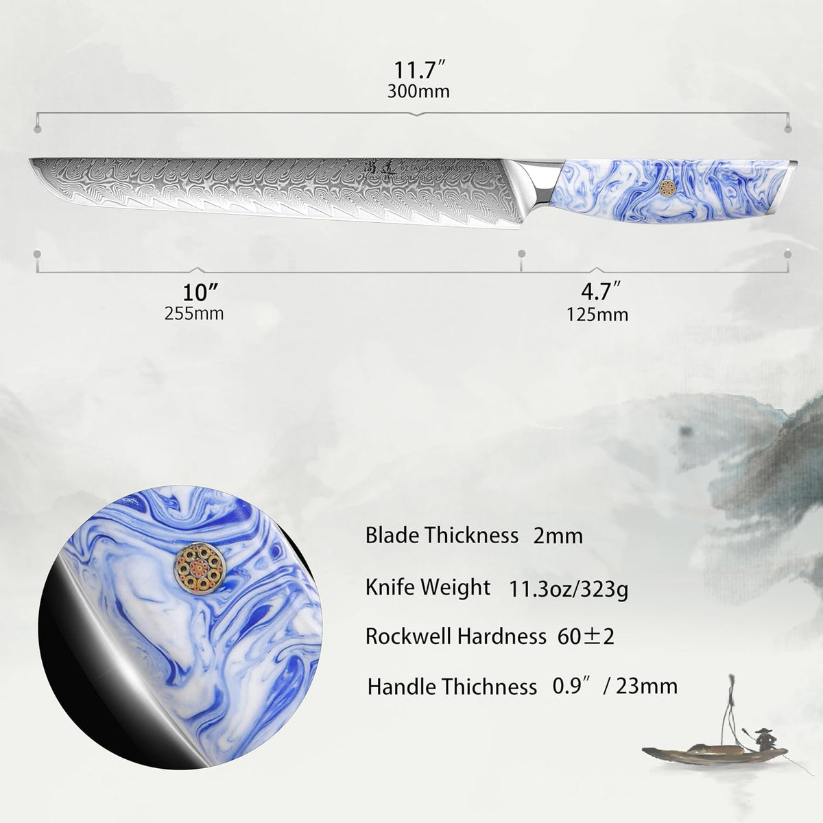5 Inch Kitchen Utility Knife Razor Sharp Fruit and Vegetable Peeling Knives, Forged Damascus Steel with Blue and White Resin Handle - Full Tang - HUA Series