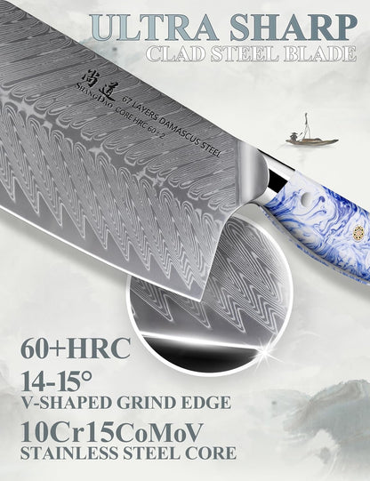5 Inch Kitchen Utility Knife Razor Sharp Fruit and Vegetable Peeling Knives, Forged Damascus Steel with Blue and White Resin Handle - Full Tang - HUA Series