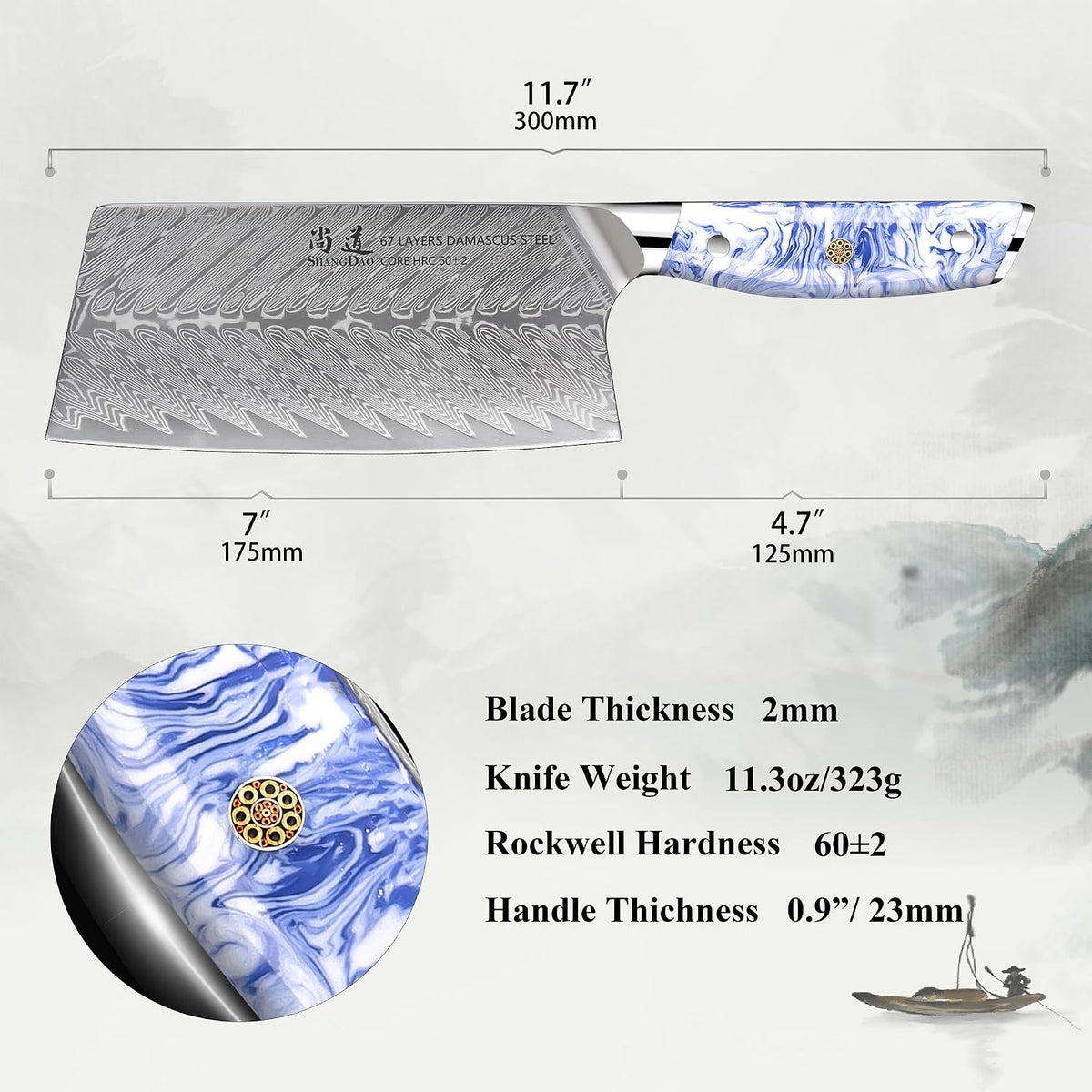 5 Inch Kitchen Utility Knife Razor Sharp Fruit and Vegetable Peeling Knives, Forged Damascus Steel with Blue and White Resin Handle - Full Tang - HUA Series