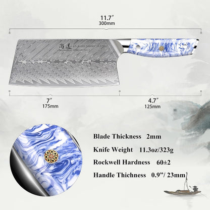 5 Inch Kitchen Utility Knife Razor Sharp Fruit and Vegetable Peeling Knives, Forged Damascus Steel with Blue and White Resin Handle - Full Tang - HUA Series