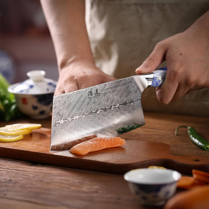 5 Inch Kitchen Utility Knife Razor Sharp Fruit and Vegetable Peeling Knives, Forged Damascus Steel with Blue and White Resin Handle - Full Tang - HUA Series