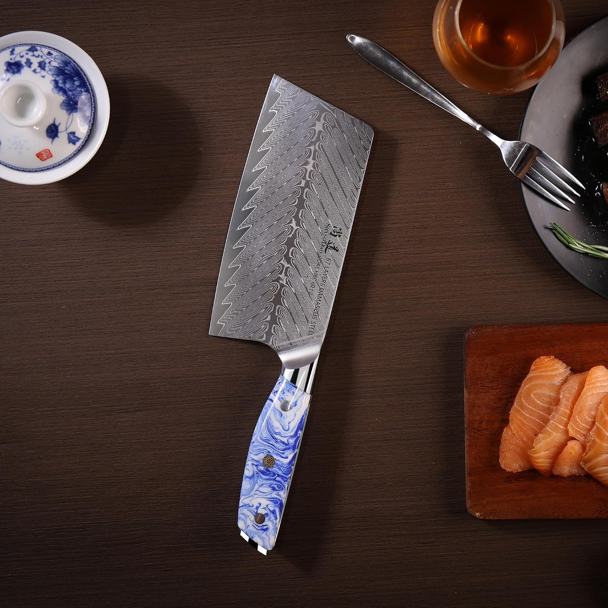 5 Inch Kitchen Utility Knife Razor Sharp Fruit and Vegetable Peeling Knives, Forged Damascus Steel with Blue and White Resin Handle - Full Tang - HUA Series
