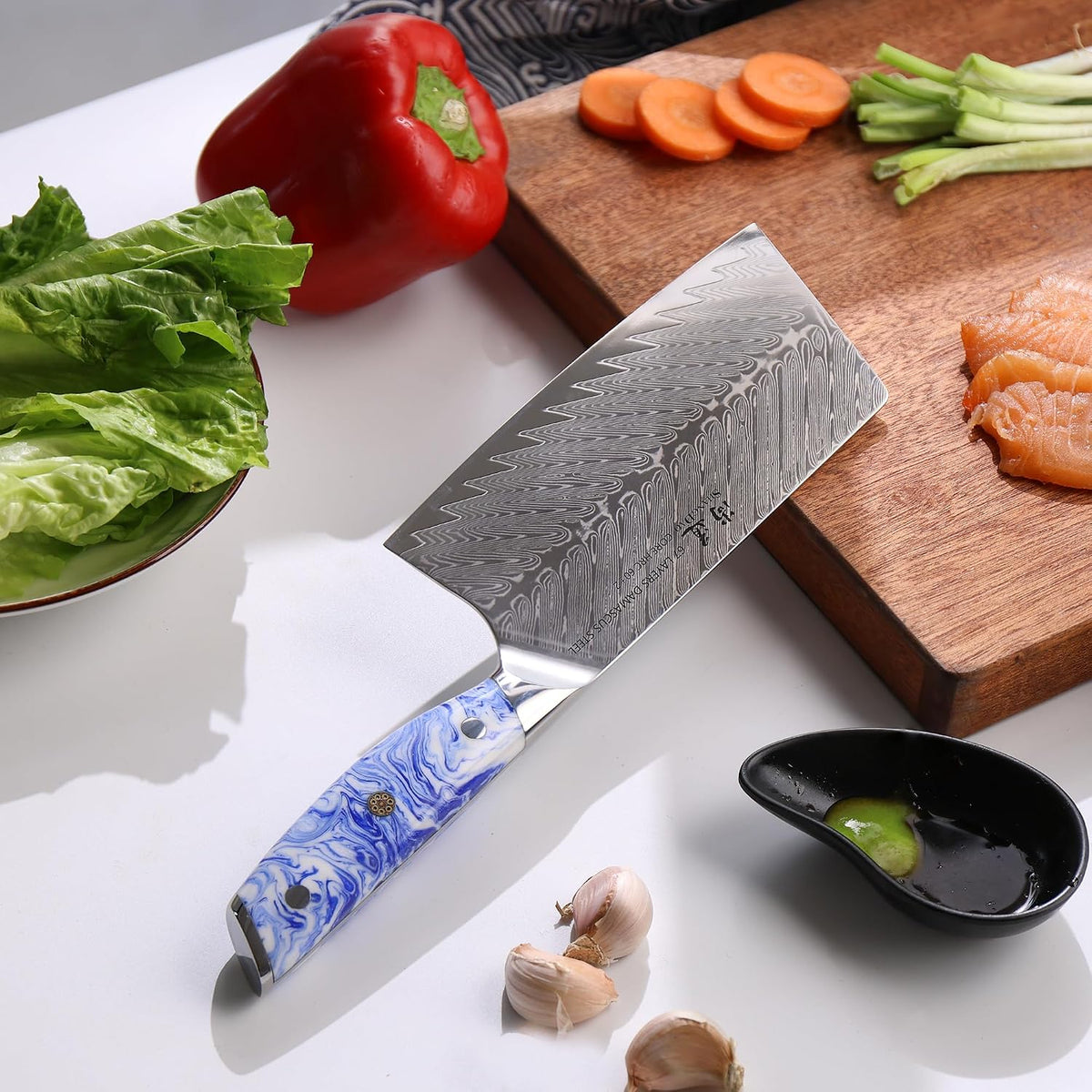 5 Inch Kitchen Utility Knife Razor Sharp Fruit and Vegetable Peeling Knives, Forged Damascus Steel with Blue and White Resin Handle - Full Tang - HUA Series