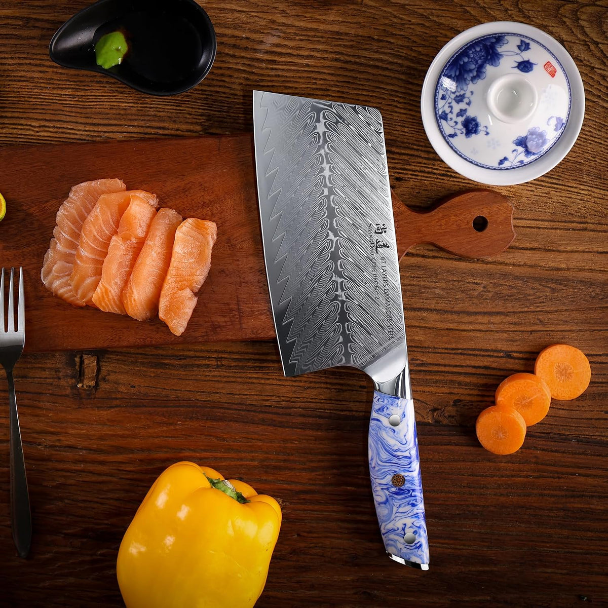 5 Inch Kitchen Utility Knife Razor Sharp Fruit and Vegetable Peeling Knives, Forged Damascus Steel with Blue and White Resin Handle - Full Tang - HUA Series