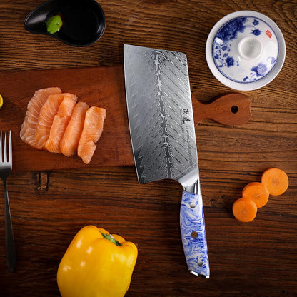 5 Inch Kitchen Utility Knife Razor Sharp Fruit and Vegetable Peeling Knives, Forged Damascus Steel with Blue and White Resin Handle - Full Tang - HUA Series