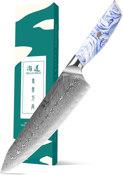5 Inch Kitchen Utility Knife Razor Sharp Fruit and Vegetable Peeling Knives, Forged Damascus Steel with Blue and White Resin Handle - Full Tang - HUA Series