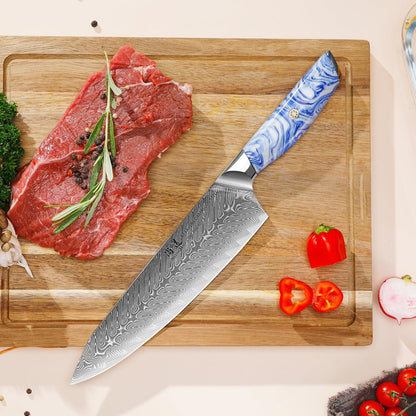 5 Inch Kitchen Utility Knife Razor Sharp Fruit and Vegetable Peeling Knives, Forged Damascus Steel with Blue and White Resin Handle - Full Tang - HUA Series