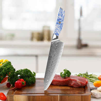 5 Inch Kitchen Utility Knife Razor Sharp Fruit and Vegetable Peeling Knives, Forged Damascus Steel with Blue and White Resin Handle - Full Tang - HUA Series
