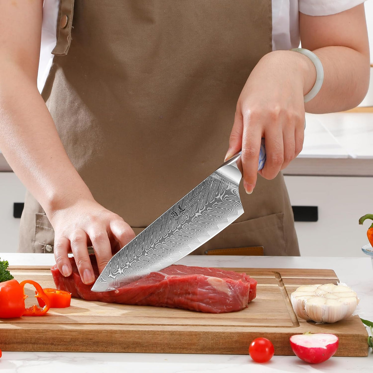 5 Inch Kitchen Utility Knife Razor Sharp Fruit and Vegetable Peeling Knives, Forged Damascus Steel with Blue and White Resin Handle - Full Tang - HUA Series