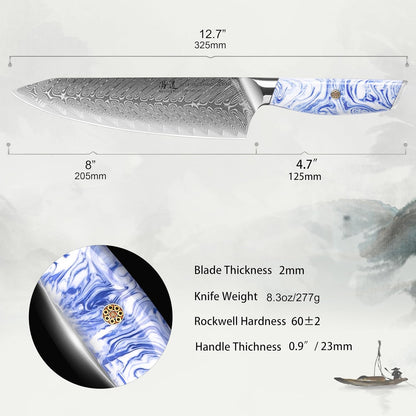 5 Inch Kitchen Utility Knife Razor Sharp Fruit and Vegetable Peeling Knives, Forged Damascus Steel with Blue and White Resin Handle - Full Tang - HUA Series