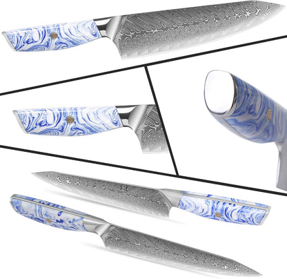 5 Inch Kitchen Utility Knife Razor Sharp Fruit and Vegetable Peeling Knives, Forged Damascus Steel with Blue and White Resin Handle - Full Tang - HUA Series