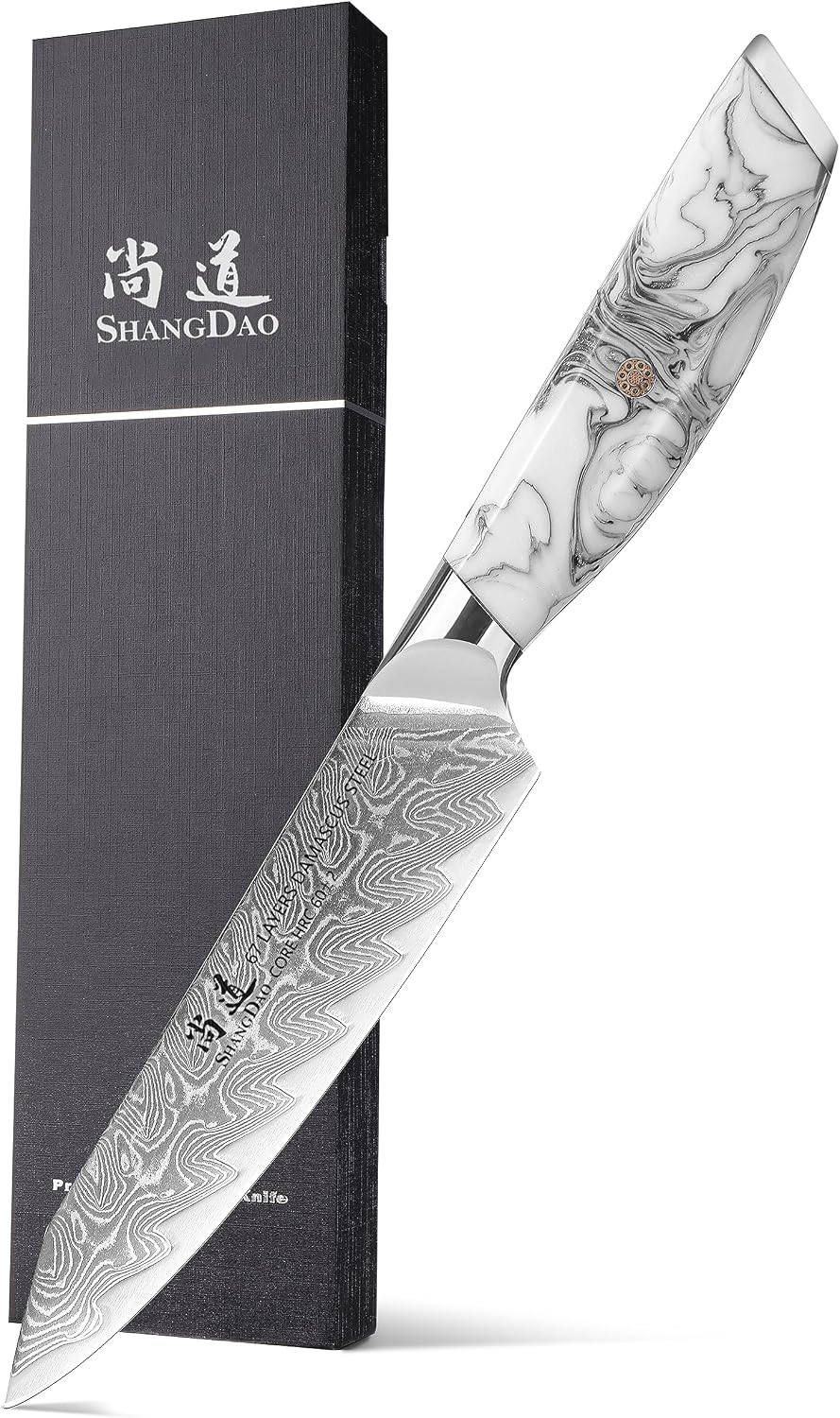 5 Inch Kitchen Utility Knife Razor Sharp Fruit and Vegetable Peeling Knives, Forged Damascus Steel with Blue and White Resin Handle - Full Tang - HUA Series