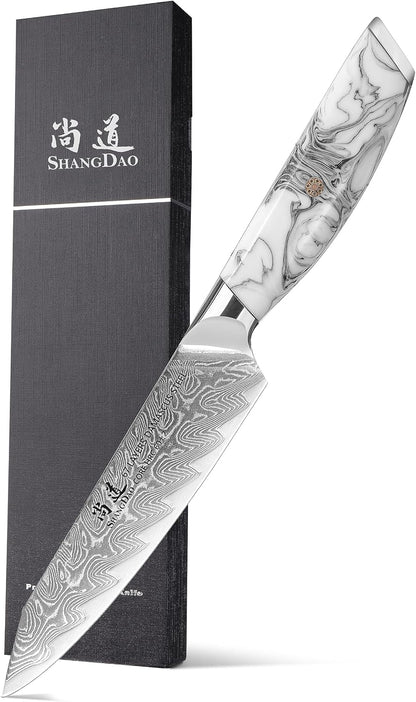 5 Inch Kitchen Utility Knife Razor Sharp Fruit and Vegetable Peeling Knives, Forged Damascus Steel with Blue and White Resin Handle - Full Tang - HUA Series