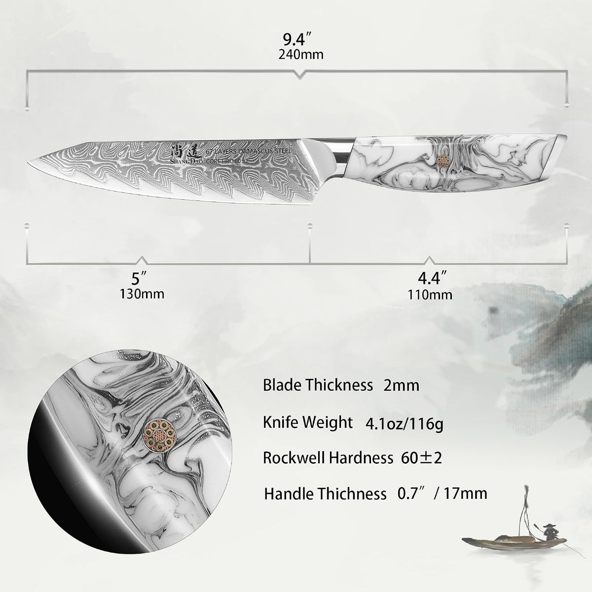 5 Inch Kitchen Utility Knife Razor Sharp Fruit and Vegetable Peeling Knives, Forged Damascus Steel with Blue and White Resin Handle - Full Tang - HUA Series