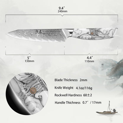 5 Inch Kitchen Utility Knife Razor Sharp Fruit and Vegetable Peeling Knives, Forged Damascus Steel with Blue and White Resin Handle - Full Tang - HUA Series